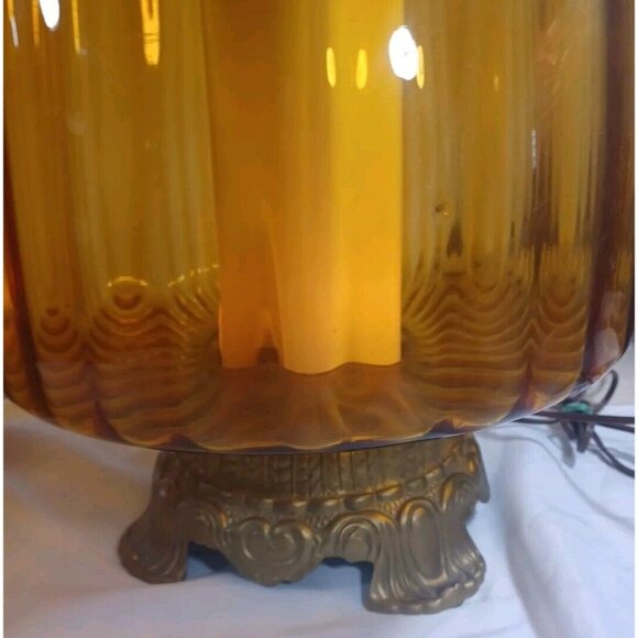 MUST BUY BOTH Vintage Mid Century Hollywood Regency Amber Glass Globe Table Lamp - Picture 12 of 16